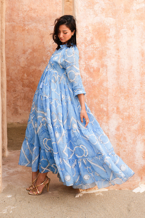 Eden Dress Crew Neck 3/4 Sleeve Midi Plus Length Cotton Musola (Secretariat Horse Pastel)