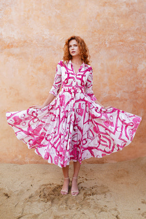 Aster Dress Shirt Collar 3/4 Sleeve Midi Length Cotton Musola (Secretariat Horse White Pastel)