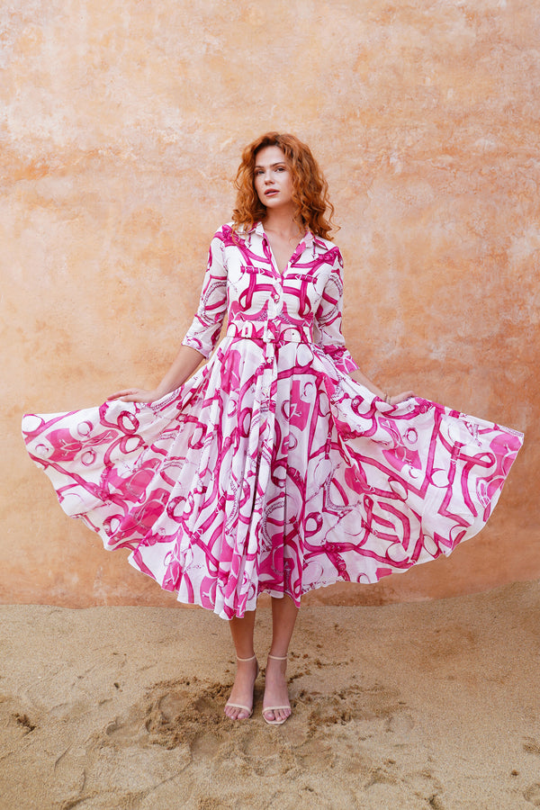 Aster Dress Shirt Collar 3/4 Sleeve Midi Length Cotton Musola (Secretariat Horse White Pastel)