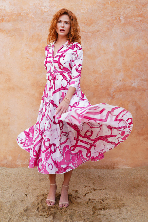 Aster Dress Shirt Collar 3/4 Sleeve Midi Length Cotton Musola (Secretariat Horse White Pastel)