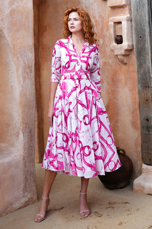Aster Dress Shirt Collar 3/4 Sleeve Midi Length Cotton Musola (Secretariat Horse White Pastel)