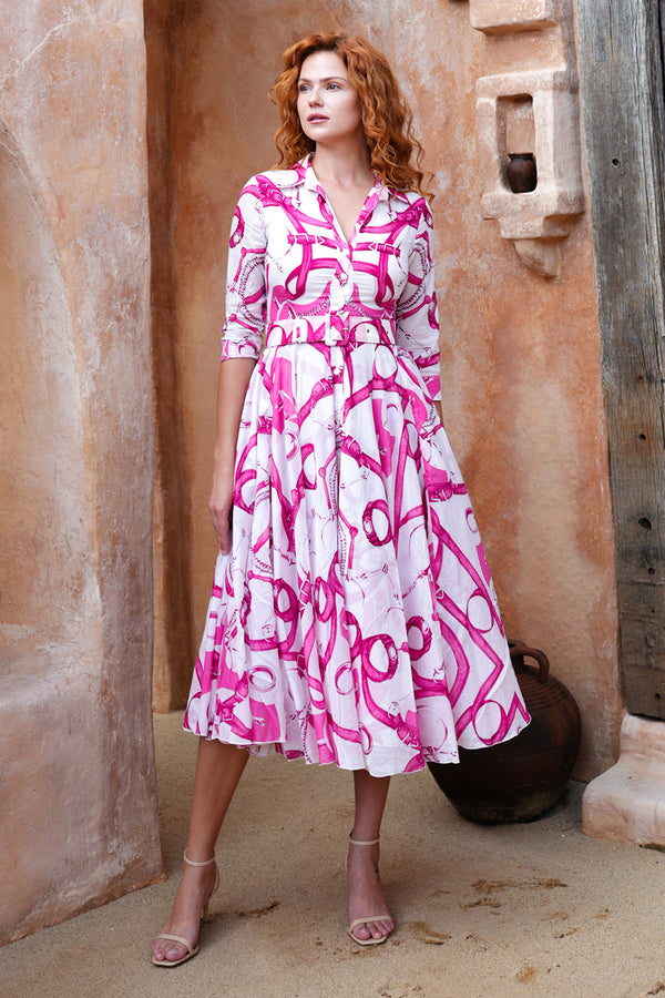 Aster Dress Shirt Collar 3/4 Sleeve Midi Length Cotton Musola (Secretariat Horse White Pastel)