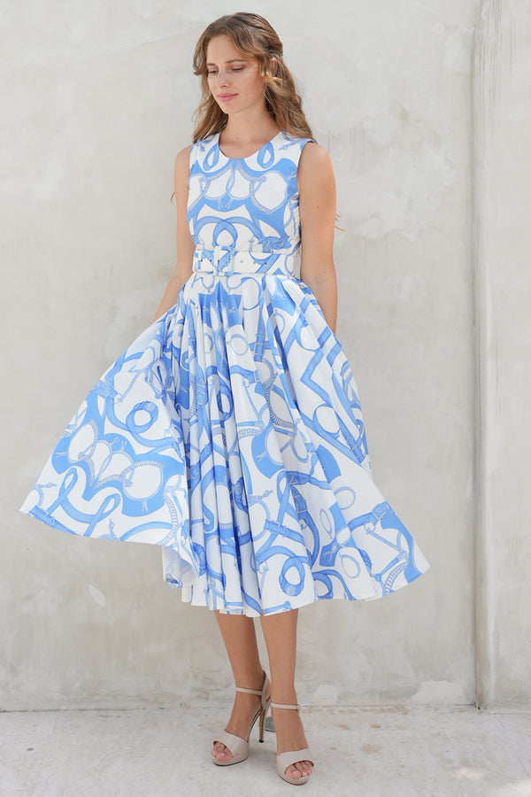 Abelia Dress Crew Neck Sleeveless Midi Length Cotton Stretch (Secretariat Horse White Pastel)