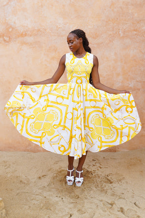 Abelia Dress Crew Neck Sleeveless Midi Length Cotton Stretch (Secretariat Horse White Bright)