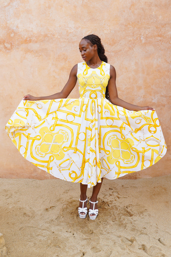 Abelia Dress Crew Neck Sleeveless Midi Length Cotton Stretch (Secretariat Horse White Bright)
