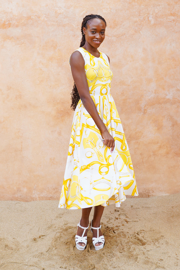 Abelia Dress Crew Neck Sleeveless Midi Length Cotton Stretch (Secretariat Horse White Bright)