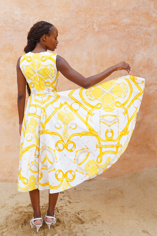 Abelia Dress Crew Neck Sleeveless Midi Length Cotton Stretch (Secretariat Horse White Bright)