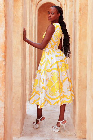 Abelia Dress Crew Neck Sleeveless Midi Length Cotton Stretch (Secretariat Horse White Bright)