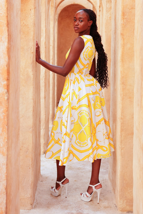 Abelia Dress Crew Neck Sleeveless Midi Length Cotton Stretch (Secretariat Horse White Bright)