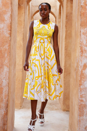 Abelia Dress Crew Neck Sleeveless Midi Length Cotton Stretch (Secretariat Horse White Bright)