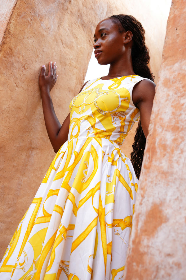 Abelia Dress Crew Neck Sleeveless Midi Length Cotton Stretch (Secretariat Horse White Bright)