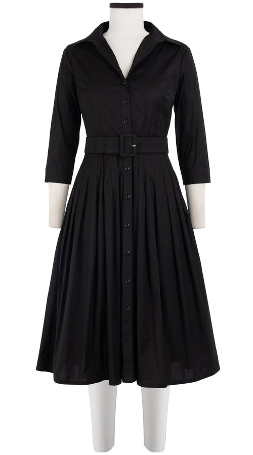 Audrey Dress #2 Shirt Collar 3/4 Sleeve Long Length Cotton Stretch (Solid)