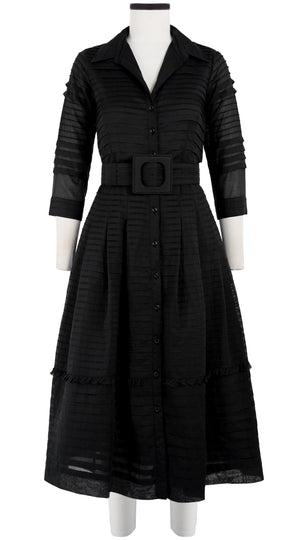 Audrey Dress #5 Shirt Collar 3/4 Sleeve with Hamilton Belt Midi Length Cotton Musola (Solid)