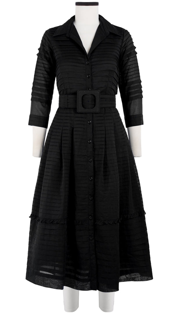 Audrey Dress #5 Shirt Collar 3/4 Sleeve with Hamilton Belt Midi Length Cotton Musola (Solid)