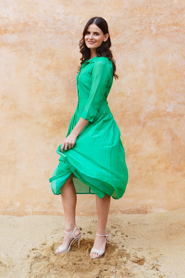 Audrey Dress #4 Shirt Collar 3/4 Sleeve Midi Length Silk Musola (Solid)