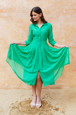 Audrey Dress #4 Shirt Collar 3/4 Sleeve Midi Length Silk Musola (Solid)