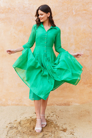 Audrey Dress #4 Shirt Collar 3/4 Sleeve Midi Length Silk Musola (Solid)