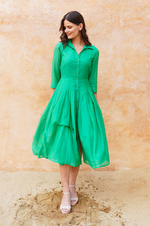 Audrey Dress #4 Shirt Collar 3/4 Sleeve Midi Length Silk Musola (Solid)