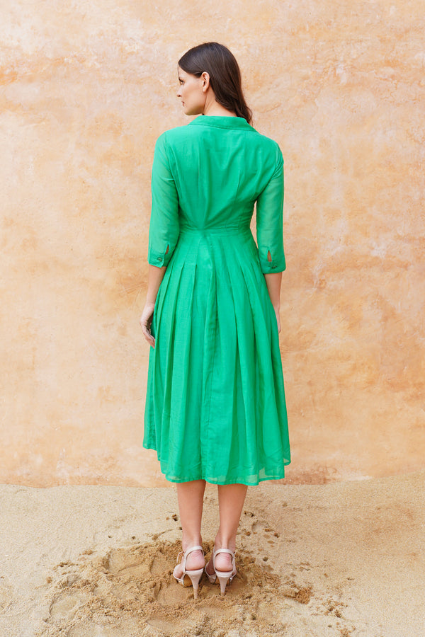 Audrey Dress #4 Shirt Collar 3/4 Sleeve Midi Length Silk Musola (Solid)