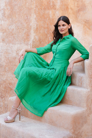 Audrey Dress #4 Shirt Collar 3/4 Sleeve Midi Length Silk Musola (Solid)