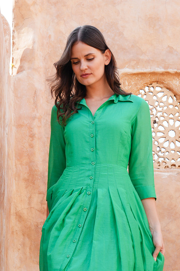 Audrey Dress #4 Shirt Collar 3/4 Sleeve Midi Length Silk Musola (Solid)