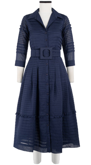 Audrey Dress #5 Shirt Collar 3/4 Sleeve with Hamilton Belt Midi Length Cotton Musola (Solid)