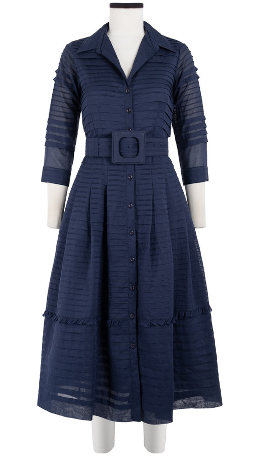 Audrey Dress #5 Shirt Collar 3/4 Sleeve with Hamilton Belt Midi Length Cotton Musola (Solid)