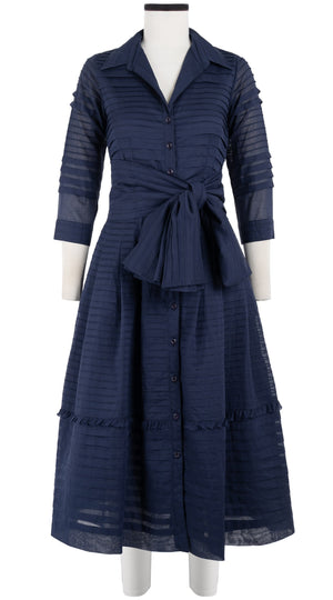 Audrey Dress #5 Shirt Collar 3/4 Sleeve with Hamilton Belt Midi Length Cotton Musola (Solid)