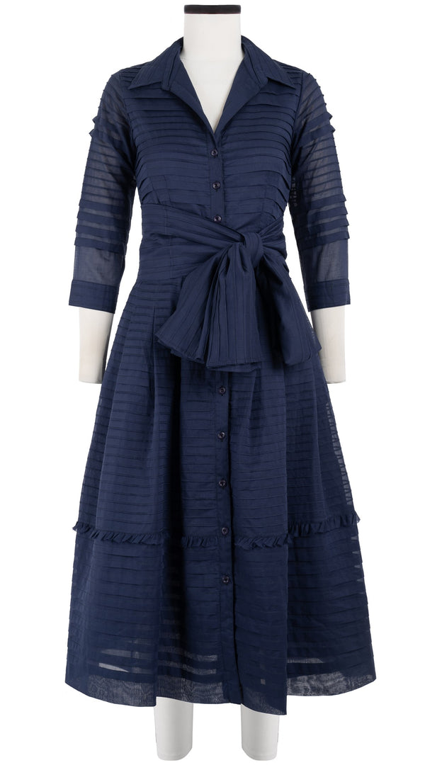 Audrey Dress #5 Shirt Collar 3/4 Sleeve with Hamilton Belt Midi Length Cotton Musola (Solid)