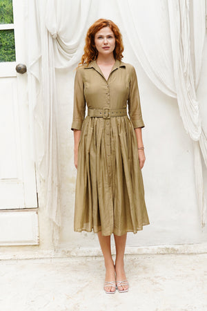 Aster Dress Shirt Collar 3/4 Sleeve Midi Length Silk Musola (Solid)