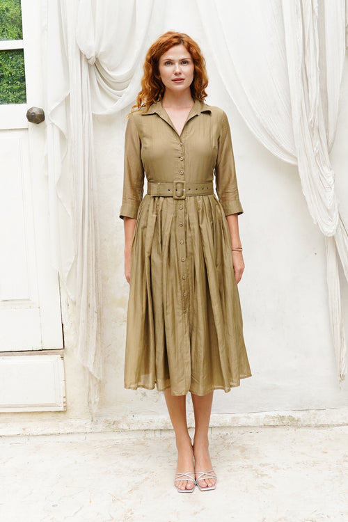 Aster Dress Shirt Collar 3/4 Sleeve Midi Length Silk Musola (Solid)