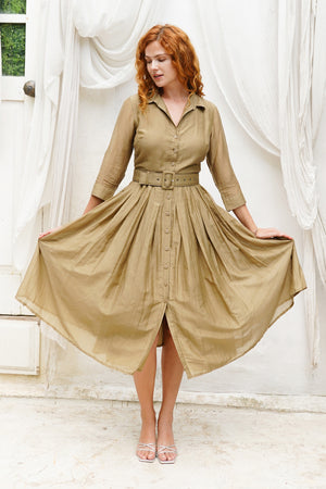 Aster Dress Shirt Collar 3/4 Sleeve Midi Length Silk Musola (Solid)