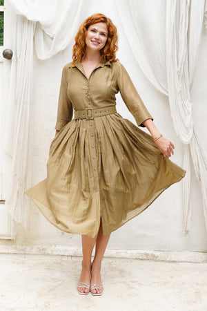 Aster Dress Shirt Collar 3/4 Sleeve Midi Length Silk Musola (Solid)