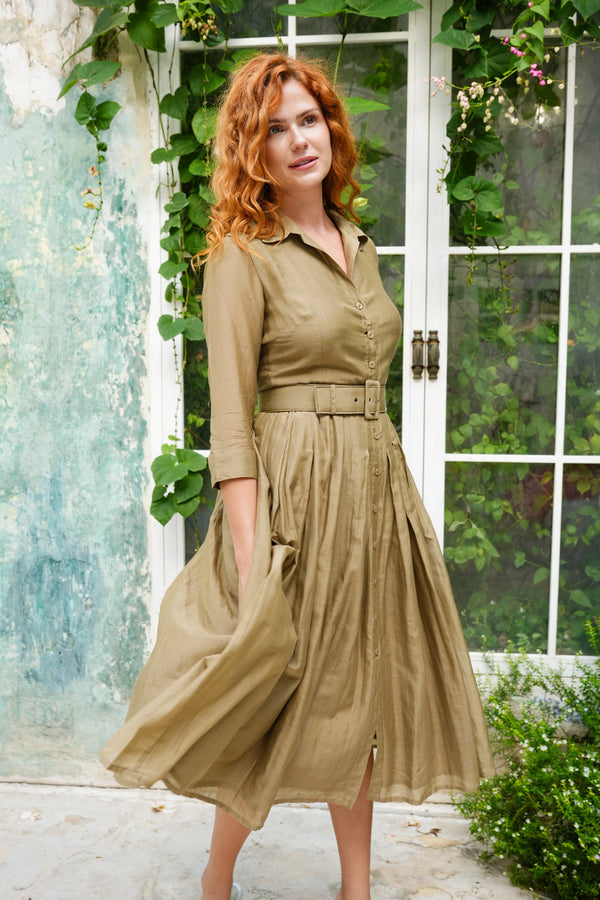 Aster Dress Shirt Collar 3/4 Sleeve Midi Length Silk Musola (Solid)