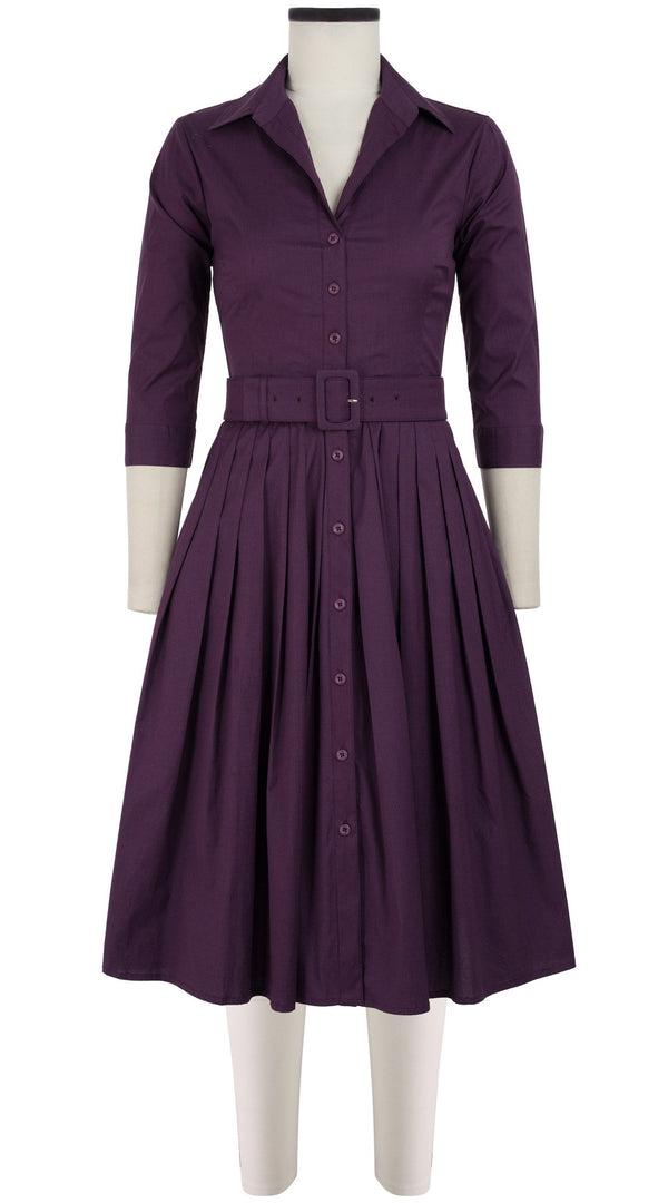 Audrey Dress #2 Shirt Collar 3/4 Sleeve Long Length Cotton Stretch (Solid)