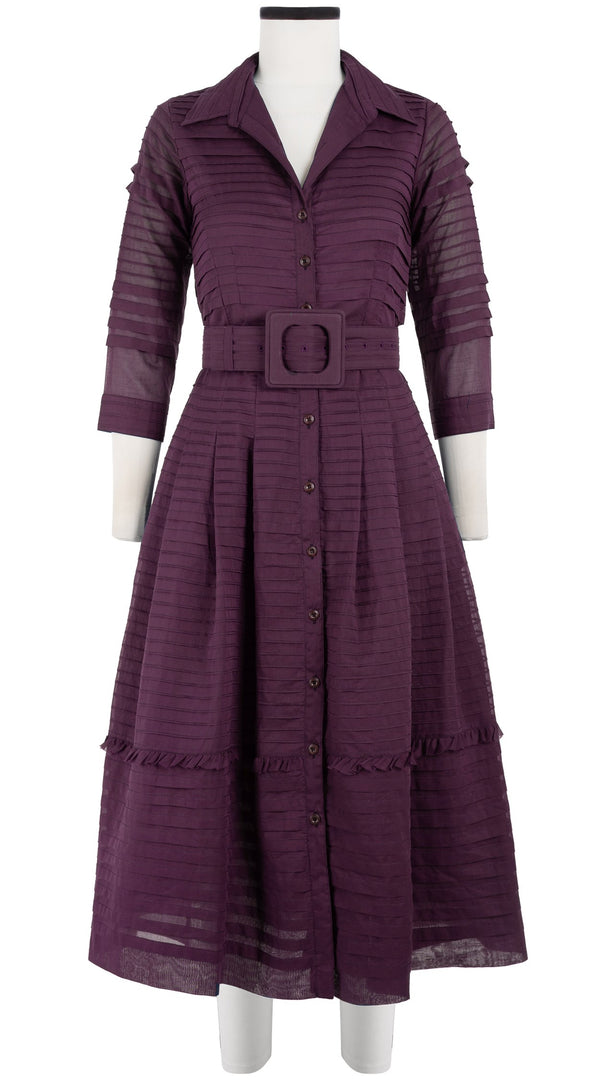 Audrey Dress #5 Shirt Collar 3/4 Sleeve with Hamilton Belt Midi Length Cotton Musola (Solid)