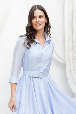 Audrey Dress #2 Shirt Collar 3/4 Sleeve Long Length Cotton Stretch (Solid)