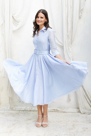 Audrey Dress #2 Shirt Collar 3/4 Sleeve Long Length Cotton Stretch (Solid)