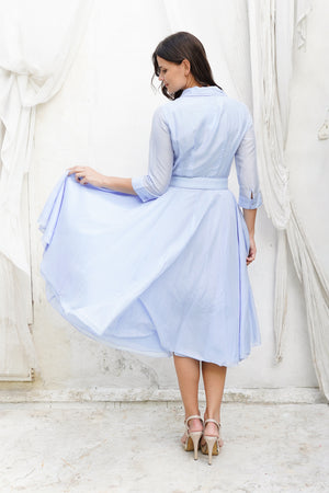 Audrey Dress #2 Shirt Collar 3/4 Sleeve Long Length Cotton Stretch (Solid)