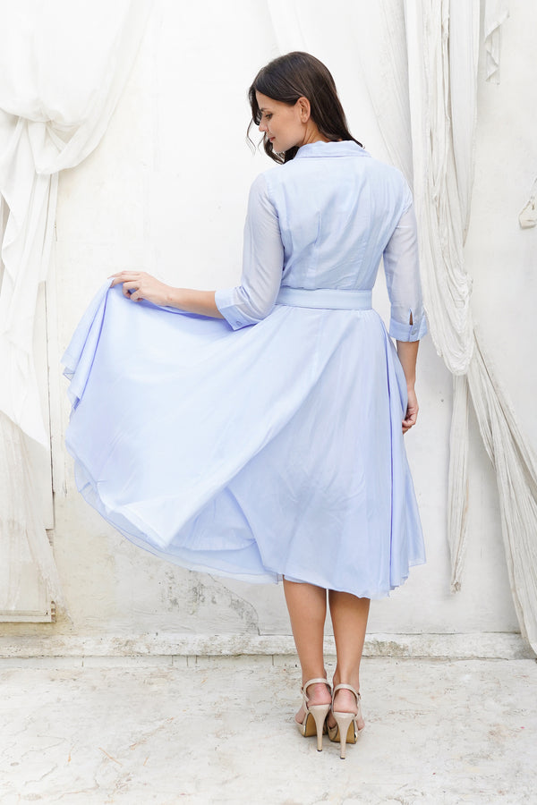 Audrey Dress #2 Shirt Collar 3/4 Sleeve Long Length Cotton Stretch (Solid)