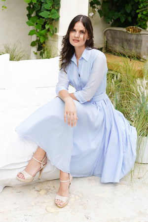 Audrey Dress #2 Shirt Collar 3/4 Sleeve Long Length Cotton Stretch (Solid)