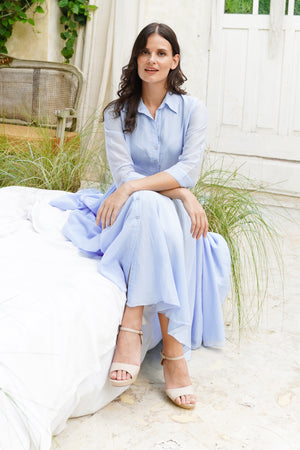 Audrey Dress #2 Shirt Collar 3/4 Sleeve Long Length Cotton Stretch (Solid)