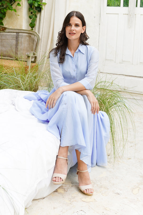 Audrey Dress #2 Shirt Collar 3/4 Sleeve Long Length Cotton Stretch (Solid)