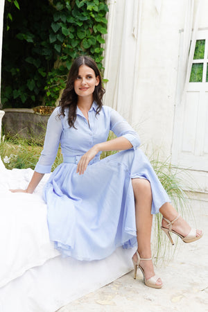 Audrey Dress #2 Shirt Collar 3/4 Sleeve Long Length Cotton Stretch (Solid)