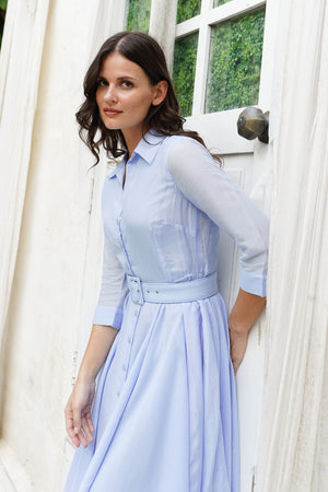 Audrey Dress #2 Shirt Collar 3/4 Sleeve Long Length Cotton Stretch (Solid)
