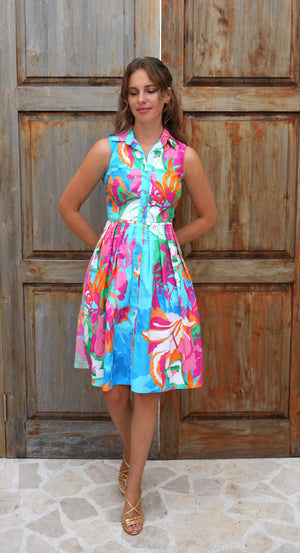 Audrey Dress #1 Shirt Collar Sleeveless Regular Length Cotton Stretch (Spanish Garden) @1