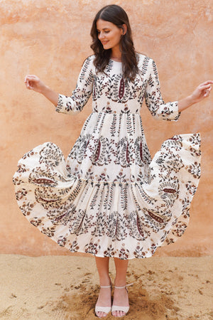 Melanie Dress Crew Neck 3/4 Sleeve Midi Plus Length Linen (Suzani Ferns)