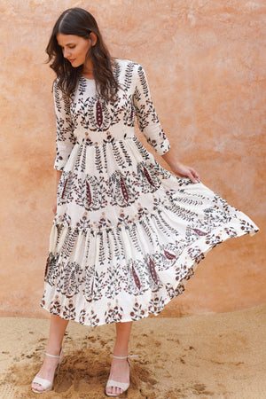 Melanie Dress Crew Neck 3/4 Sleeve Midi Plus Length Linen (Suzani Ferns)