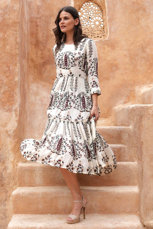 Melanie Dress Crew Neck 3/4 Sleeve Midi Plus Length Linen (Suzani Ferns)