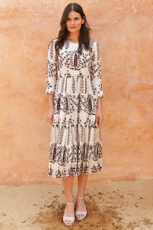 Melanie Dress Crew Neck 3/4 Sleeve Midi Plus Length Linen (Suzani Ferns)